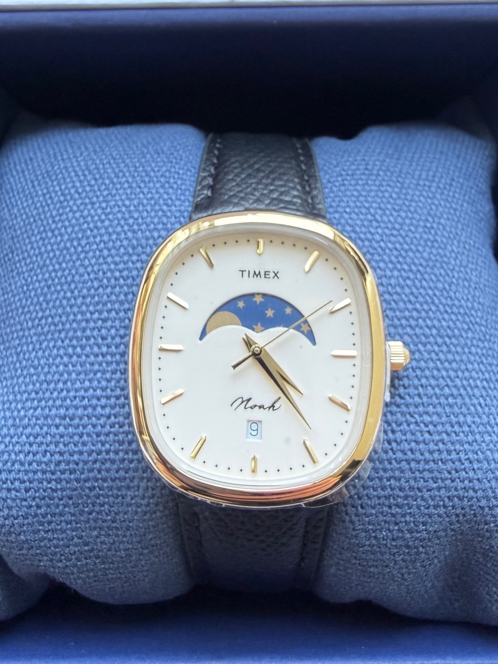 New NOAH x TIMEX Oval Moon Phase Gold Face Black Leather strap